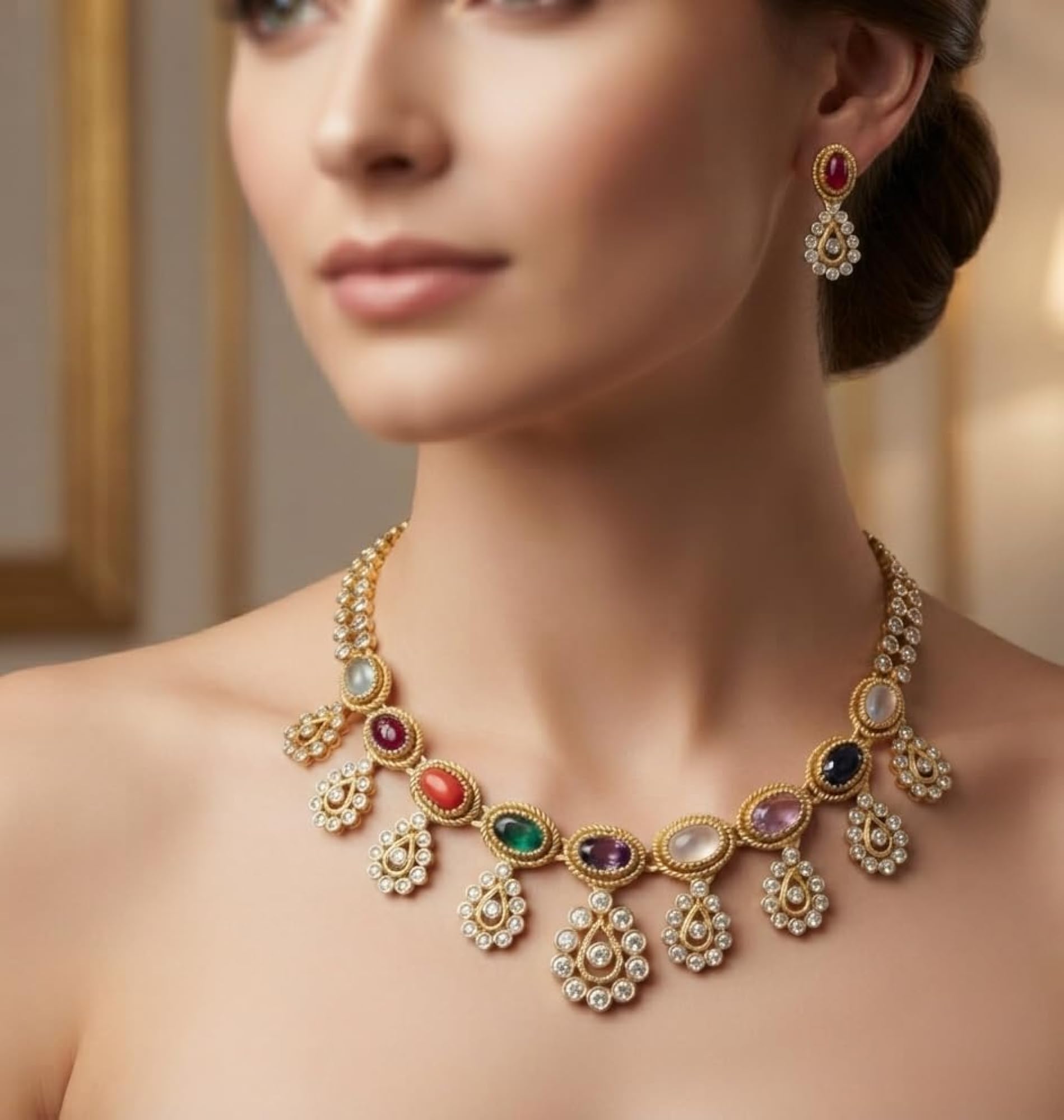 Gold-Tone Necklace and Earring Set with Ruby Stone and Pearls