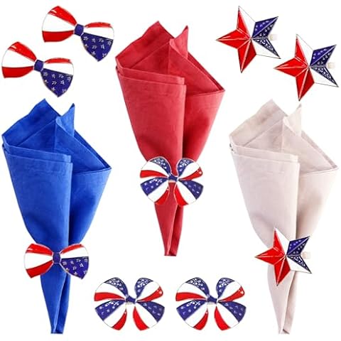 Patriotic Napkin Rings, Set of 6 Independence Day 4th of July Napkin Rings Holders, Star Bowknot Serviette Metal Napkin Rings for Independence Day Home Party Holiday Dinner Table Setting Decorations Cover