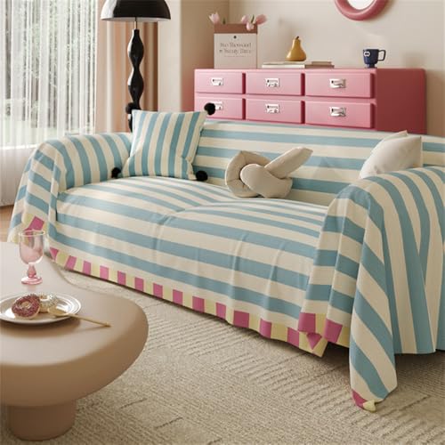 Highdi Sofaüberwurf Dopamin-Stil Farbige Streifen Sofabezug für 1 2 3 4 Sitzer Ecksofa Einteiliger Weich Universal Sofaschoner als Sofadecke, Couch Überwürf, Tagesdecke (180x130cm,Beigeblau)
