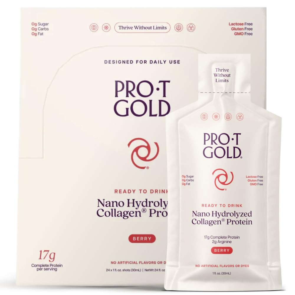 ProT Gold Liquid Collagen Protein Shot, 17g Clear Protein Nano-Hydrolyzed Grass Fed Collagen, 2g Arginine for Wound Support, Gluten Free, Sugar Free, 0g Carbs, Non GMO, Berry, 1 fl oz, 24 Pack