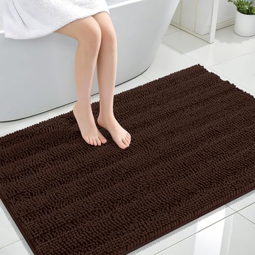 Image of OLANLY Thick Large Bathroom Rugs 47x32, Extra Soft Absorbent Chenille Striped Bath Rugs, Rubber Backing, Machine Wash Dry, Bath Mats for Bathroom Floor, Tub and Shower, Home Decor Accessories, Brown