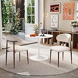 SIZOTA 3 Piece Small Kitchen Dining Table Set, Minimalist Tulip Circular Kitchen Table Set, Beige Fabric Upholstered Chairs with Walnut-Grain Metal Legs for Home Small Apartment(Pure White Table)