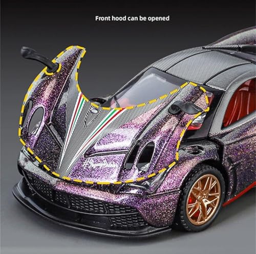 Image of Pagani Huayra 1:32 Scale Die-Cast Metal Car Toy - Pull-Back Supercar with Openable Doors, Lights & Sound - Premium Alloy Model for Kids, Boys, Collectors & Gift (Purple)