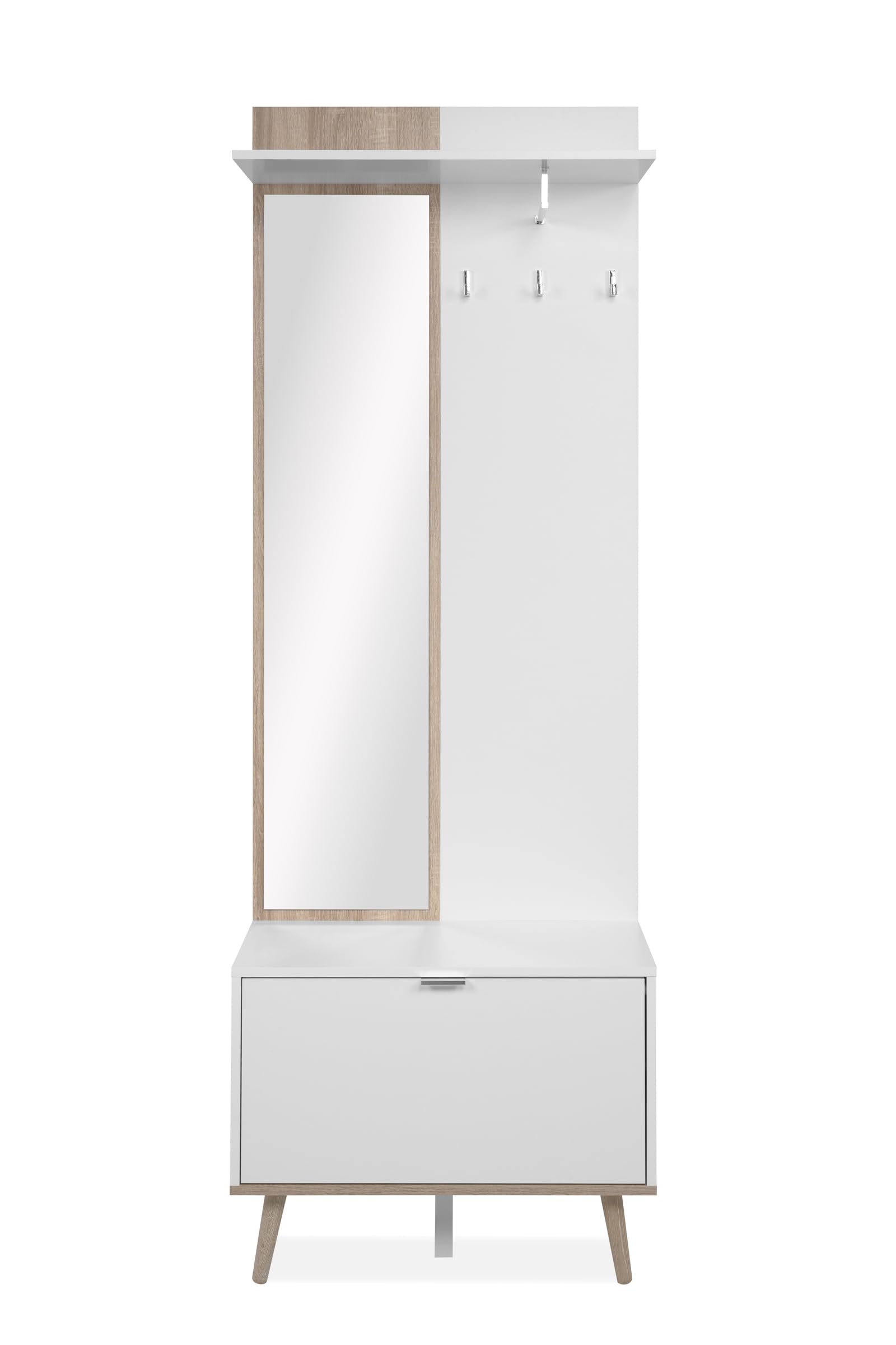 möbelando Kompaktgarderobe Göteborg – Garderobenschrank mit Spiegel, 195 cm hoch, Weiß/Sonoma Eiche – Platzsparend für Flur, Keller & Hauswirtschaftsraum