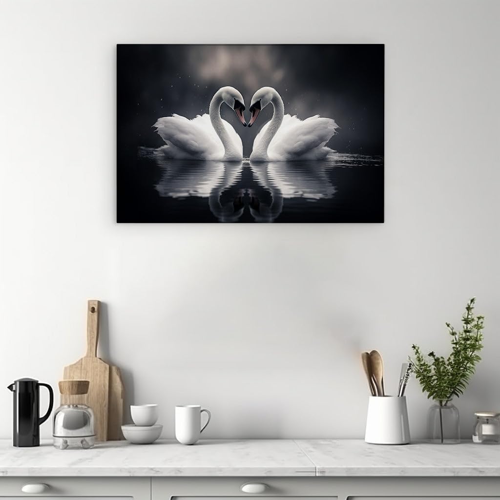 Canvas for Living room. Swan Silhouettes Weave a Heart on Tranquil Waters, 27 x 18 inch Canvas Wall Art - Contemporary Masterpieces - Modern Home Decor - 69x46 cm (27x18 inch)
