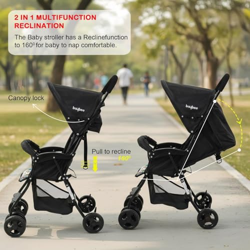 Image of Baybee Stroller Baby for Boy & Girl 0 to 3 Years | Foldable Strollers with Canopy, Parent Handle, 2-Position Adjustable Seat, 2-Point Safety Belt | Travel Pram for Kids (Black)