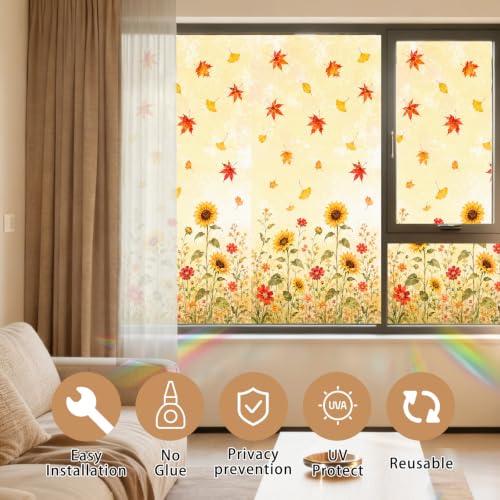 Image of Nuxovilar Fall Window Cling 17.7 x 39.4 in, White Frosted Sunflower | White frosted PVC helps obscure views for privacy, with sunflowers, wildflowers, maple and ginkgo leaves in soft fall colors