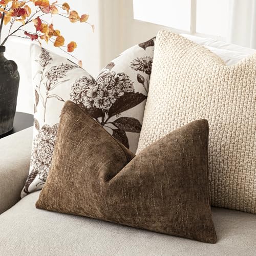 Image of Foindtower Set of 2 Textured Chenille Throw Decorative Pillow Covers Square Accent Solid Cushion Cover Neutral Farmhouse Lumbar Pillow Case for Couch Sofa Bedroom Living Room 12x24 Inch,Dark Bronze