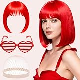 Pelucas Mujer Pelo Natural Roja - Peluca Corta Carnaval, Bob Wig con Gafas y Redecilla Pelo para Disfraz Carnaval Halloween Fiesta