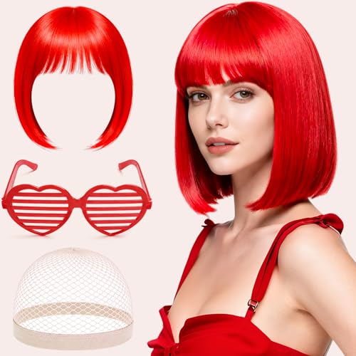 Perücke Damen Fasching Perücken Rot - PerrüCke Frauen Kurz, Perücke Karneval Wig Set mit Haarnetz und Bunte Brille für Karneval Cosplay Kostüm Party, Strahlende Farbe, Geschmeidiges Haar