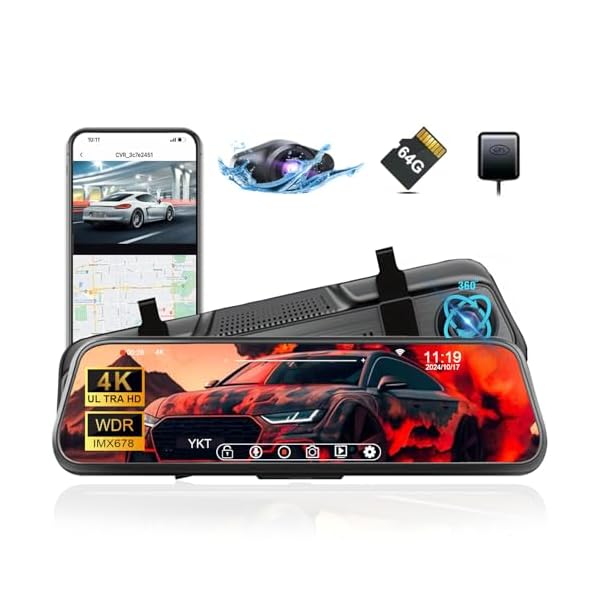 YKT 4K/2K Mirror Dash Cam, Starvis2 IMX678 Rear View Mirror Camera for Car with 64GB Card, 10′ Touch Screen Front and Rear View Dual Camera with WiFi GPS, Night Vision, G-Sensor, Reverse Assist (H9-2)