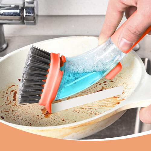Image of dishwashing Brush with Handle, Scratch-Free dishwashing Brush, Plate Brush, soap Dispenser, Kitchen Tableware, Pot, Sink Cleaning Set (Orange)