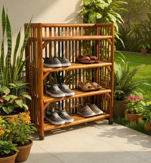Image of CANE CRAFTS Wooden Shelf Bamboo 4-Tier Kitchen Organizer Shoes &Slippers Rack Books Shelves Planter Stand (4 Shelf)