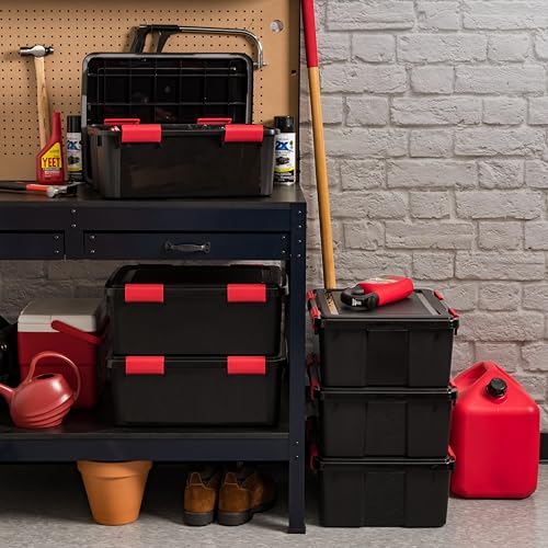 Image of IRIS USA WeatherPro 31 Qt Storage Bins with Lids, 6 Pack, BPA-Free Plastic Gasket Box with Tight Latch and Seal, Stackable Nestable Tote Tub - Black /Red