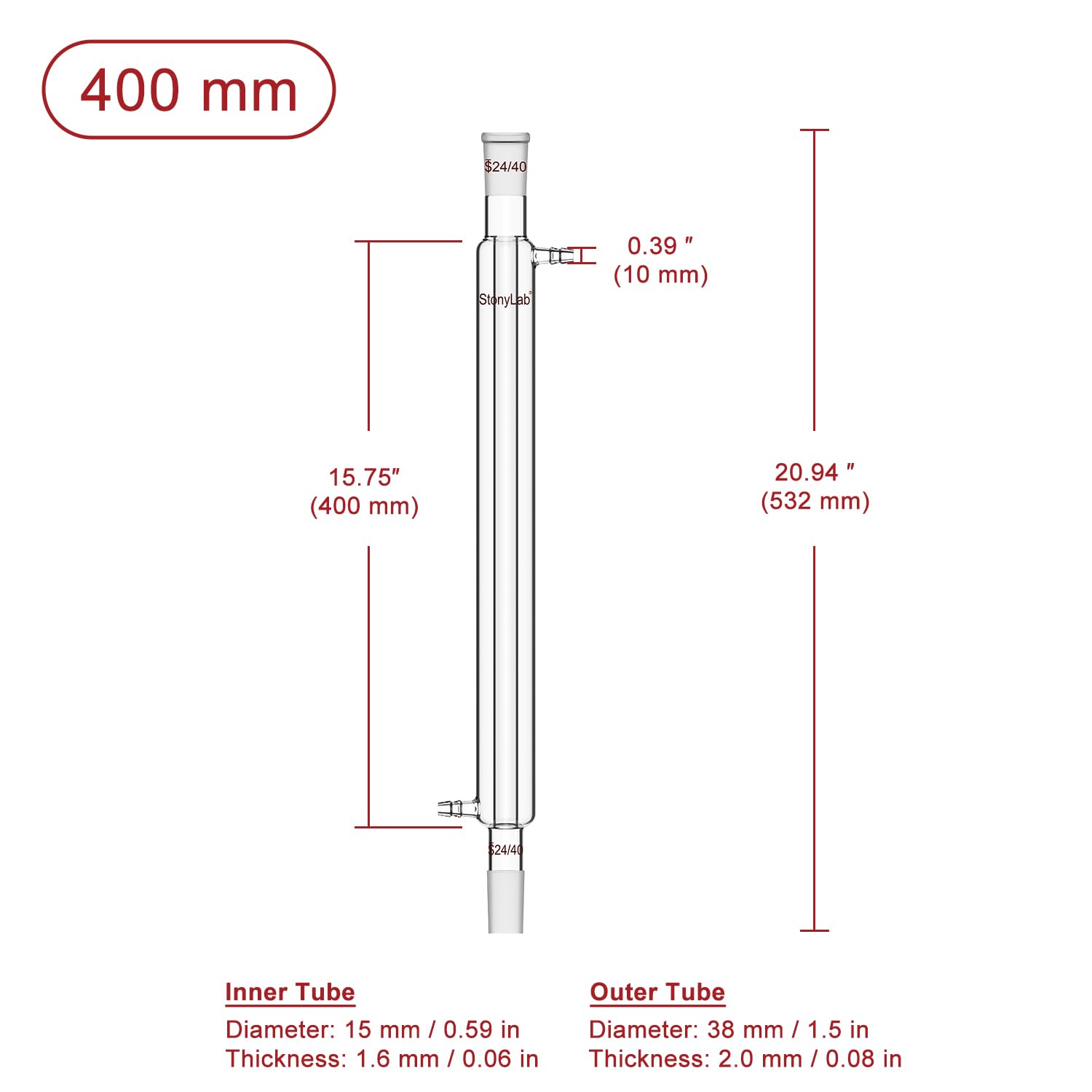 stonylab Condenseur Liebig, Condenseur en Verre Borosilicaté avec Joint 24/40, Longueur de Veste 400 mm, Matériel de Distillation et Condensation de Laboratoire
