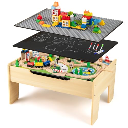 INFANS Train Table with Storage, 78 Pieces Wooden Kids Activity Toy Table Playset with Reversible Detachable Tabletop, Tracks, Train, Railway, City, Gift for Toddler Boys Girls Ages 3+