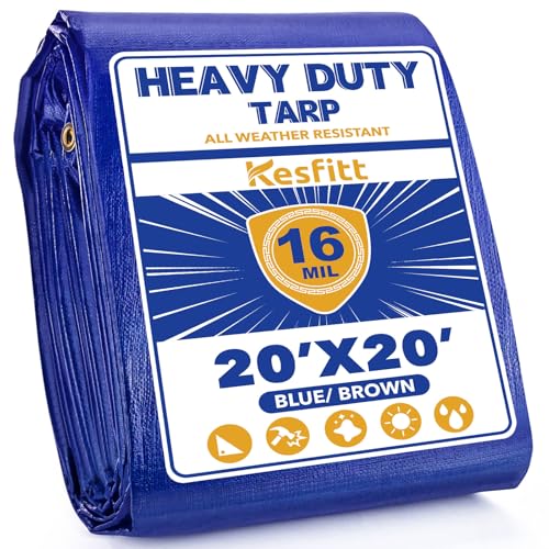 Image of Kesfitt Tarp Heavy Duty Waterproof 20x20FT,16 Mil Thick Tarps Tear&Fade Resistant,UV Resistant,Poly Tarp Cover with Grommets and Reinforced Edges for Outdoor Camping Pools Boat Car(Blue /Brown)