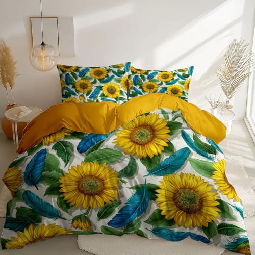Juegos de Fundas 135 x 200 cm, Suave Microfibra Flores Girasoles Plumas Estampada Antialérgico Anti Decoloración Amarillo Juego de Funda Nordica Cama - para Adultos y niños