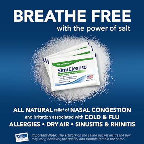 SinuCleanse Soft Tip Micro-Filtered Nasal Wash System, Relieves Nasal Congestion Due to Cold & Flu, Dry Air, Allergies, 30 All-Natural Saline Packets, Made in USA