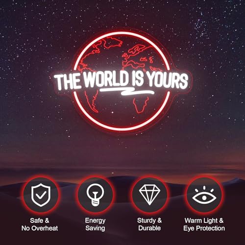 Image of The World Is Yours Neon Sign Carved Planet Adjustable Brightness USB Powered LED Neon Signs for Wall Decor Light Up Signs for Bedroom Classroom Office Man Cave Game Room 41cm*31cm