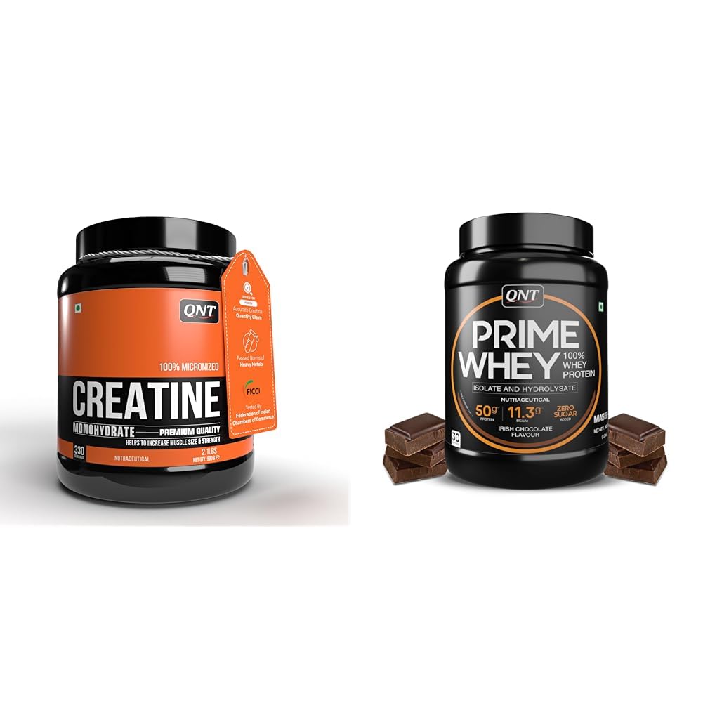 QNT Creatine Monohydrate | 990g | 330 Servings | 100% Pure & Micronized Powder | FSSAI-Tested | En | QNT Prime Whey Protein Powder – Irish Chocolate | 25g Protein Per Scoop | Whey Isolate, Concentrat-image-17