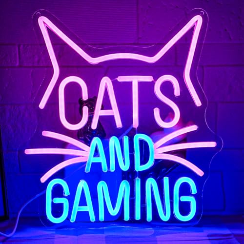 LMSIGNLY Cats Gaming Neon Sign Gamer Neon Light Sign Cat LED Light Sign for Gaming Video Room Gamer Bedroom Decor Gamer Teen Birthday Christmas Gifts USB Powerd