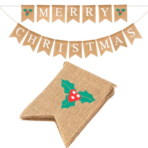 G2PLUS Merry Christmas Burlap Bunting Banner, 4.8M Banner with Holly Leaves