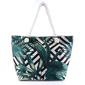 Grande Sac de Plage en Toile Femme Homme – XXL Cabas Sac Shopping Voyage Ete avec Fermeture à Glissière, Sacs d’épaule de Natation Sport avec Poignées en Coton Corde, Palmier