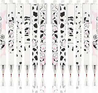 Unvtap 12 Pack Cute Gel Ink Pens Retractable Pens, Retractable Gel Ink Pens, Cute Cow Pen Set, 0.5mm Cute Pens Black Gel Ink Pens for Office School Supplies Gifts for Girl Women Kids