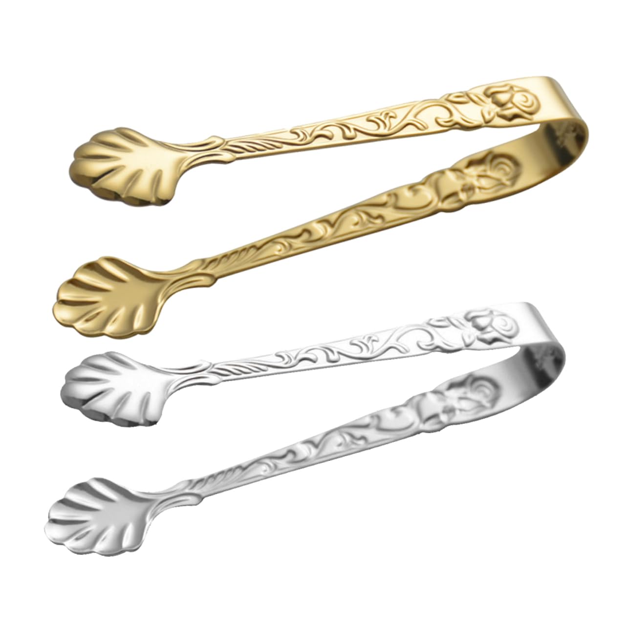 Wakauto 2Pcs Stainless Steel Serving Tongs Ice Cube Clips with Slip Design for Sugar Candy Food Elegant Pattern for Parties Kitchen Use