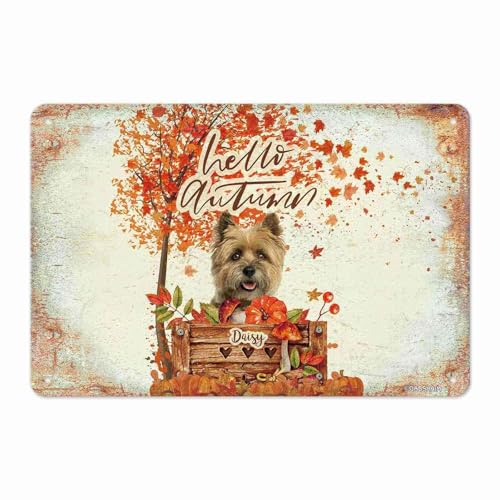GABSHAIM Custom Metal Sign Hello Autumn Tin Sign Cairn Terrier Dog Fall Pumpkin Maple Leaves Wall Art Thanksgiving Decor for Garden Farmhouse Home 8 x 12 Inch Style 2