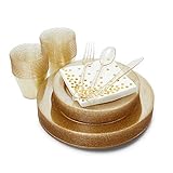 Glitter Gold Plastic Dinnerware Set 175 pieces - Disposable Kitchenware Dinner Plates and Utensils -...