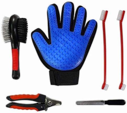 6 in 1 Professional Pet Grooming Kit - Pet Hair Remover Tool Set for Dog, Cat, Horse | Deshedding Glove, Fur Brush, 2 Toothbrushes, Nail…