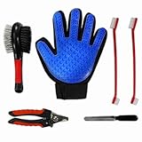 6 in 1 Professional Pet Grooming Kit - Pet Hair Remover Tool Set for Dog, Cat, Horse | Deshedding Glove, Fur Brush, 2 Toothbrushes, Nail Clipper and File | Manual Products for Small & Large Animals