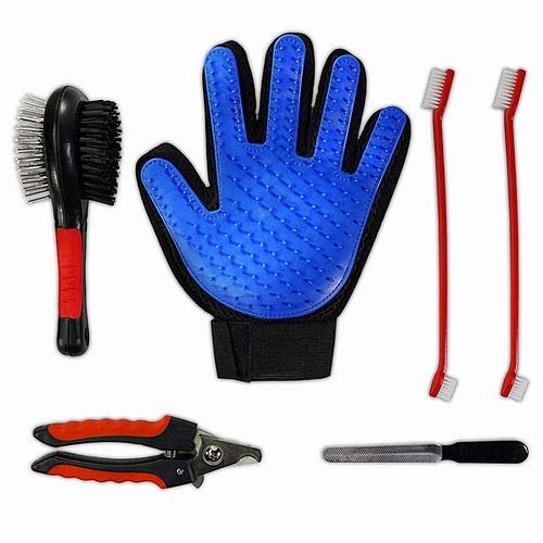6 in 1 Professional Pet Grooming Kit - Pet Hair Remover Tool Set for Dog, Cat, Horse | Deshedding Glove, Fur Brush, 2 Toothbrushes, Nail Clipper and File | Manual Products for Small & Large Animals