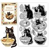 CONCHLERY Clear Stamps Japanese Black Cat Ramen Silicone Stamp Seal Japanese Cuisine Transparent Stamps for DIY Scrapbooking and Card Making Paper Craft Decor, 6.3x4.3 Inch
