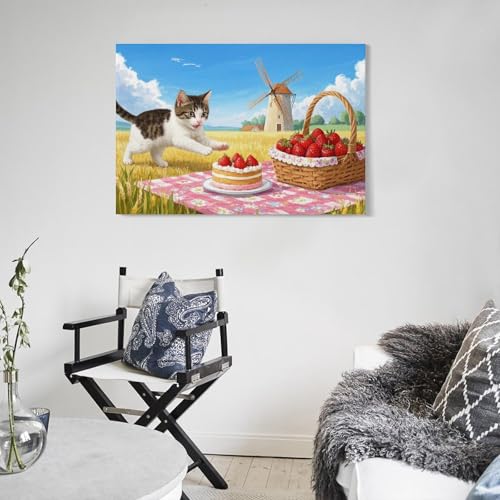 Tableau chat pique-nique impression sur toile 40x60 cm pour déco murale