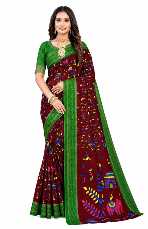 Boutique Maroon Printed Cotton Saree for Women with Green Border-image-39