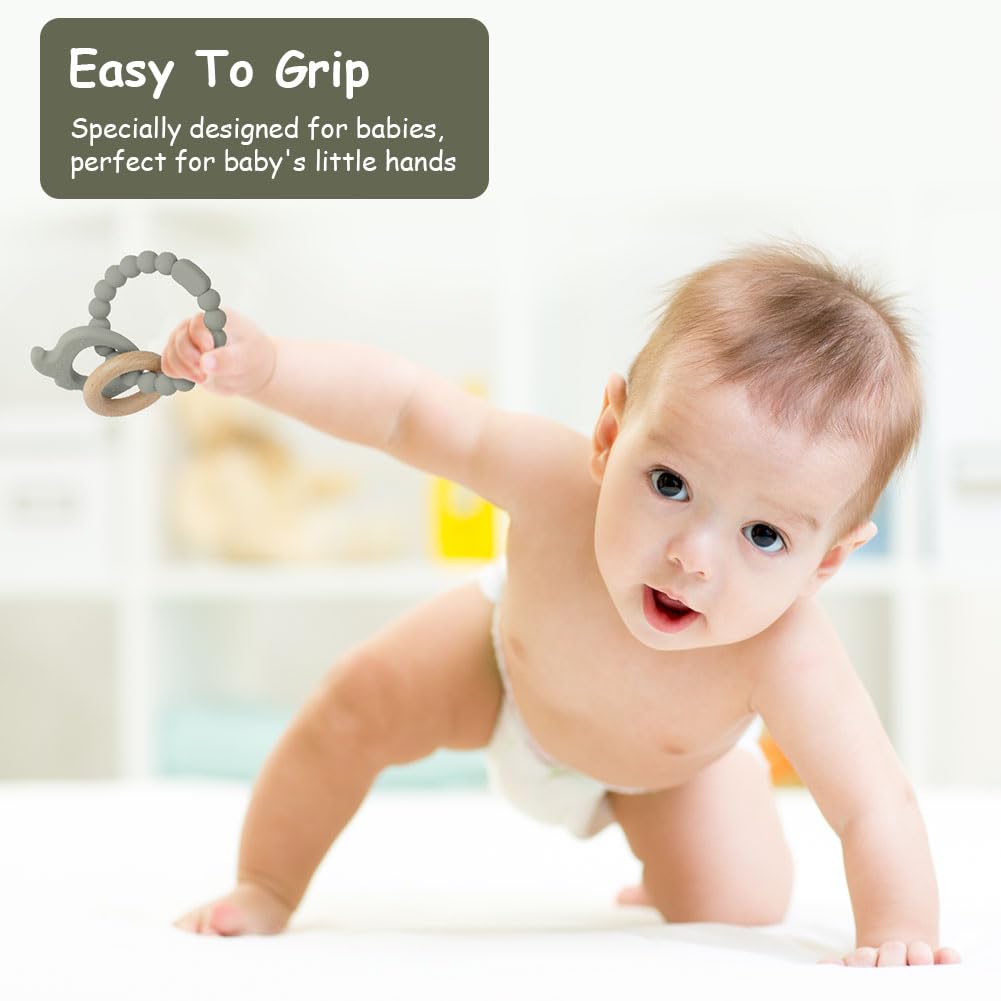 Vicloon Silicone and Wood Teething Toys - Easy to Hold and Clean Up, Octopus Teether for Boys & Girls (Green-Grey) - Image 4
