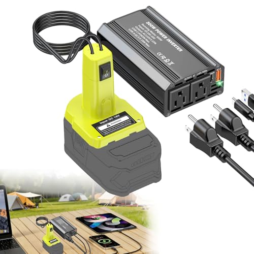 300W Power Inverter Compatible with Ryobi 18V Battery DC 18V to AC 110V Battery Converter with PD 65W Type-C Fast Charging & 2 AC Outlets & 18W USB-A Port Portable Power Station for Camping
