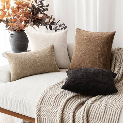 Image of Foindtower Pack of 2 Soft Textured Chenille Throw Decorative Pillow Covers Square Accent Solid Cushion Cover Neutral Lumbar Pillow Case for Couch Sofa Bedroom Living Room 12x20 Inch,Taupe Khaki Camel