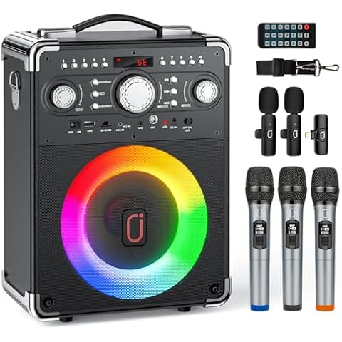 JAUYXIAN S8-T Karaoke Machine with 3 Wireless Microphones and Mini Lavalier Mics, Portable Karaoke Machine for Party, TWS Kareokee PA System Party Speaker, Clip-on Microphones for Live Cover
