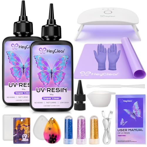 HeyClear UV Resin Kit with Light Molds 200g Clear UV Epoxy Cure for Crafts