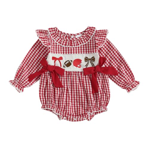 Newborn Baby Girl Football Outfit Bubble Romper Ruffle Long Sleeve Onesie Plaid Bodysuit Fall Clothes