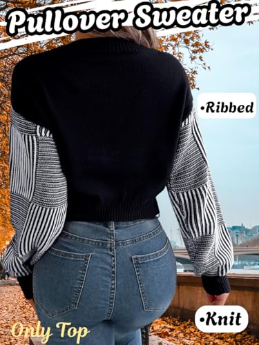 Womens Sexy V Neck Striped Cropped Sweater, Knit Lightweight Long Sleeve Crop Top, Date Outfits Fall Causal Going Out3