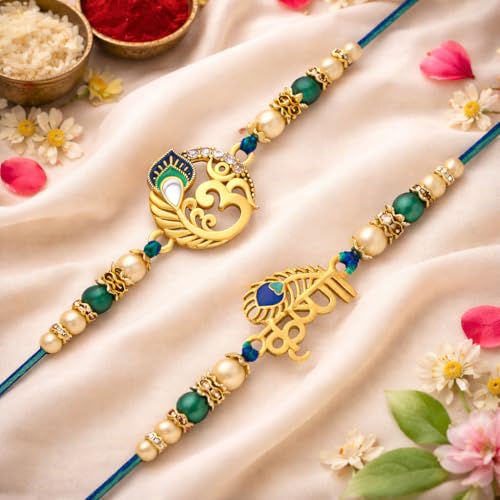 Image of Riddhika Ventures Glorious Gold Plated Auspicious Diamond Ring Rakhi || Traditional Rakhi Set of 2 & Festive Gift || Rakhi Gift Combo for Brother (P5P8K)