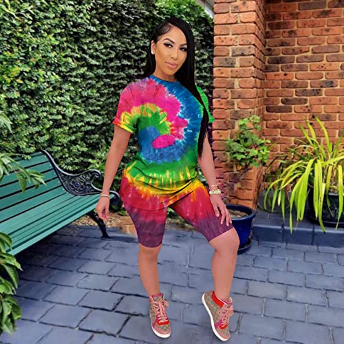 Fastkoala Women's 2 Pieces Outfits Clubwear Colorful Tie Dye Hooded Crop Top Shorts Joggers Tracksuit Sportswear Set Dinosaur Cartoon Xxxl #TOP1