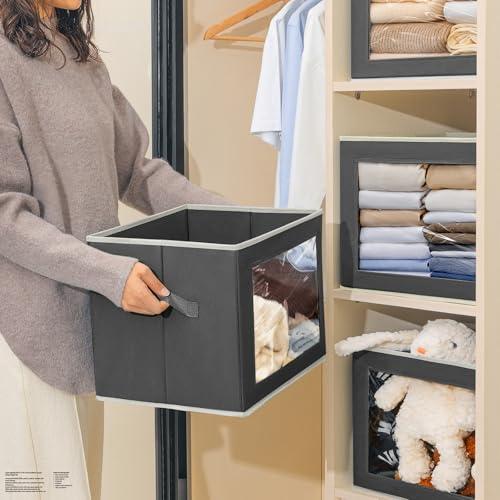 Image of Homsorout Stackable Storage Bins with Lids - Large Storage Box with Lids, Foldable Closet Boxes for Organizing, Wardrobe Clothes Organizer with Window, Cubes Bins for Living Room, 4 Pack, Dark Grey
