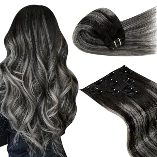 Image of LaaVoo Clip In Hair Extensions, Full Head, 16 Inch | Off Black Gradient Balayage To Silver Grey, 120g 7pcs, Hair Extension Clips, Silky, Seamless