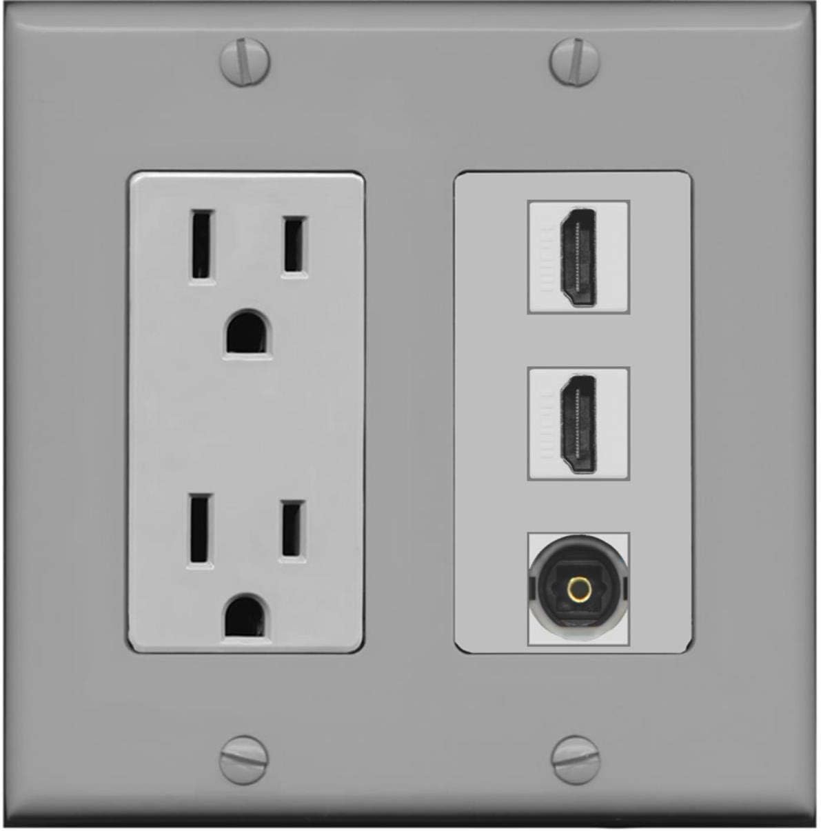 RiteAV - 15 Amp Power Outlet 2 Port HDMI 1 Port Toslink Decorative Wall Plate - Stainless Steel/Gray
